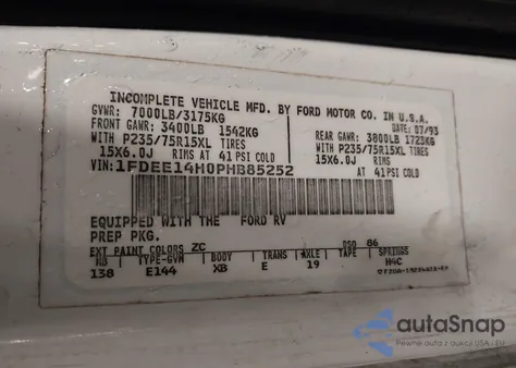 1993 Ford Econoline E150 Van из США, поврежденный, VIN 1FDEE14H0PHB85252